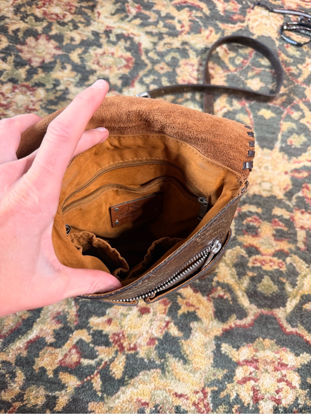 Hand-Tooled Floral Leather Patricia Nash Crossbody Bag in Turquoise and Brown - Picture 3 of 5